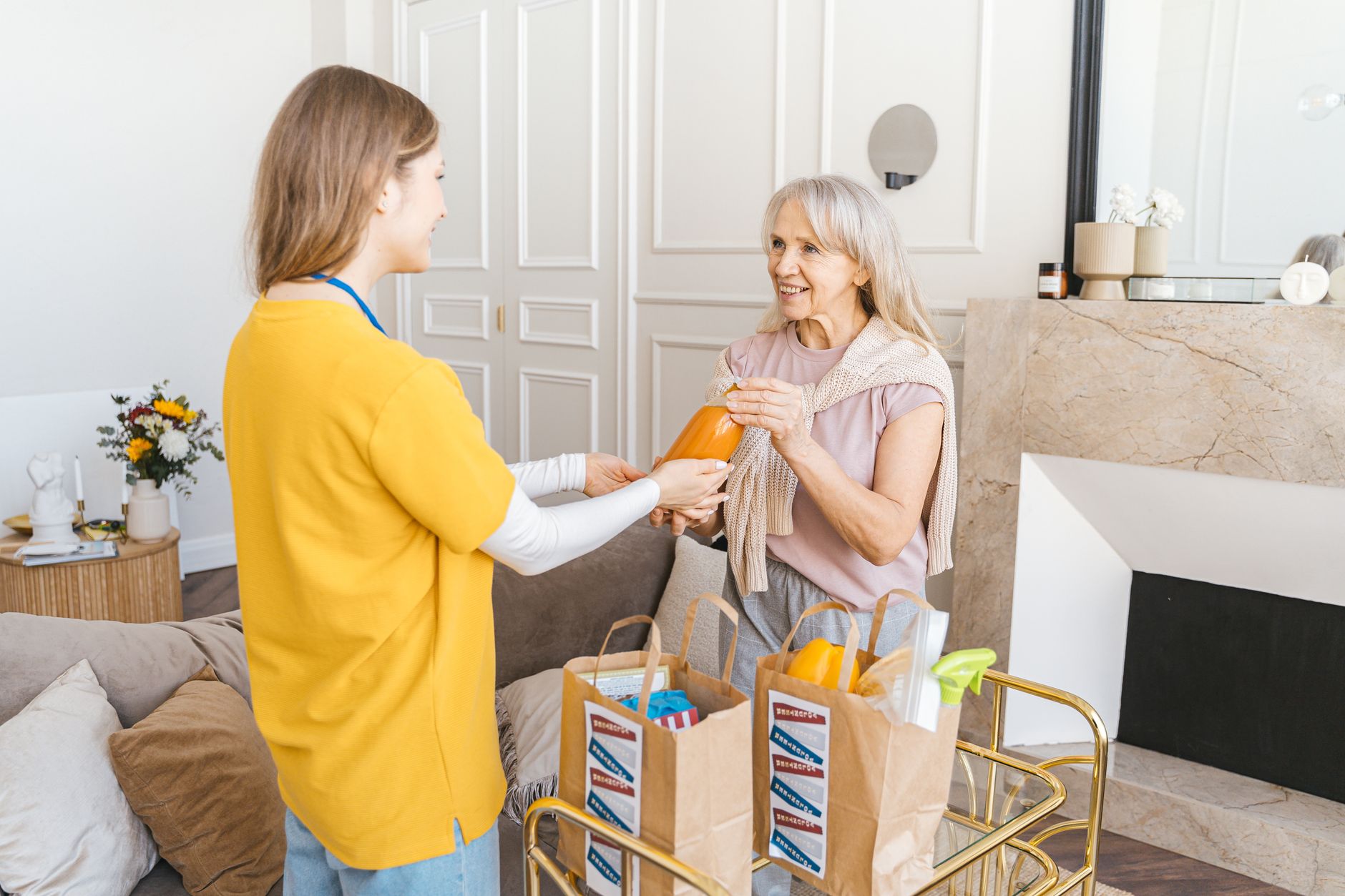 Alternative zum Pflegeheim: Alltagshelferin bringt einer lächelnden älteren Frau den Einkauf in ihre Wohnung